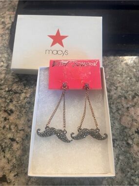 Betsey Johnson Gold-Tone Chain Black Crystal Mustache Drop Earrings